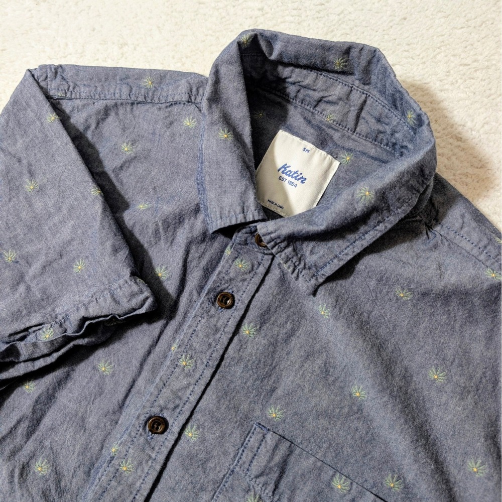 Katin Button Down Mens Sm Blue Embroidered Palm Tree Short Sleeve Cotton‎ Shirt